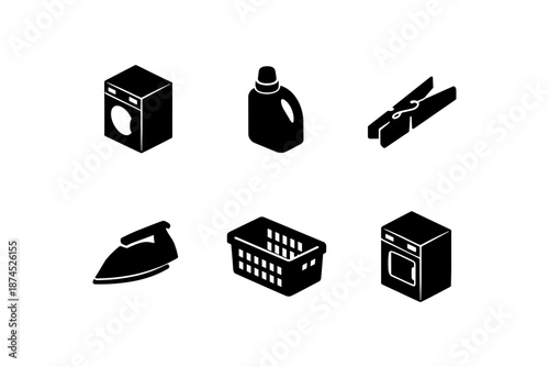 Isometric laundry icons: washing machine, detergent, iron, basket, clothespin