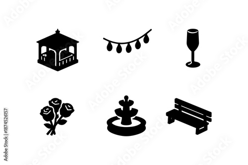 Elegant wedding set: silhouette of gazebo, fountain, and decor elements