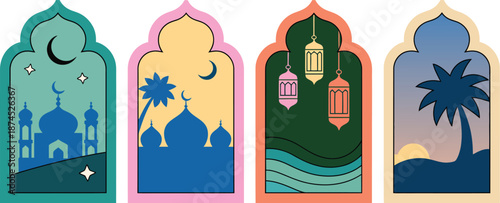 Islamic Window Panels Featuring Traditional Scenes and Ramadan Lanterns