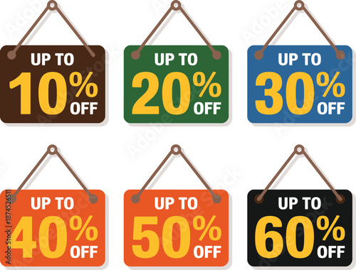 Vibrant promotional sale signs offering diverse percentage discounts for shoppers
