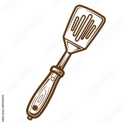 Brown illustration of a kitchen spatula with handle on white background  cooking utensil
