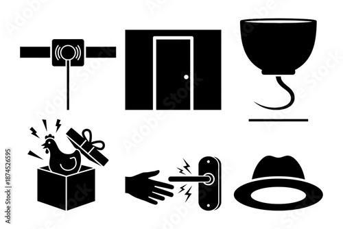 Everyday Interaction Icons - Doorbell, Entry Door, Gift Pop, Shock Button, Hat and Trophy Cup Silhouettes