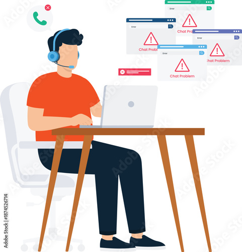 Customer support agent technical problem system error online chat communication failure help desk worker computer screen warning sign troubleshooting process digital service
