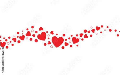 Illustration of red heart shapes in various sizes scattered across a forming a wavy line
