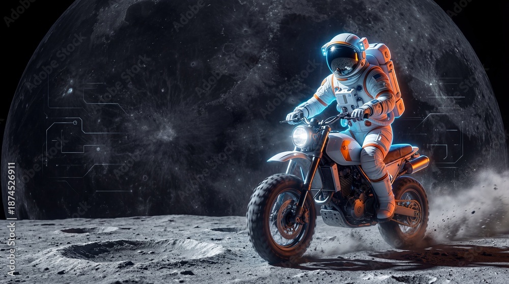 Fototapeta premium Astronaut Riding Motorcycle on Lunar Surface with Giant Moon Background