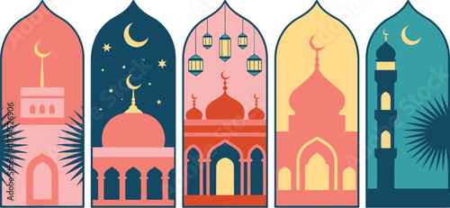 Islamic mosque silhouettes with crescent moon and lanterns on a patterned background
