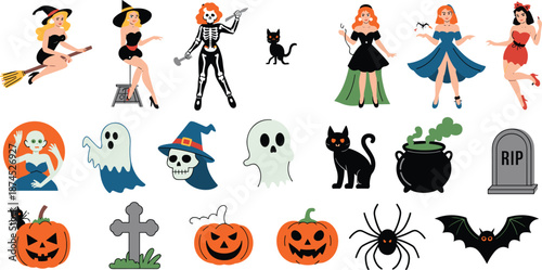 Vintage Halloween character and element collection with witches, ghosts, pumpkins, skeletons, black cats, cauldron, tombstones, bat, spider, and decorations