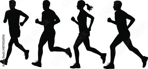 Professional running silhouettes set with men and women jogging, marathon runners fitness training healthy lifestyle vector