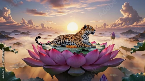 Leopard Resting on Lotus Flower at Sunset.