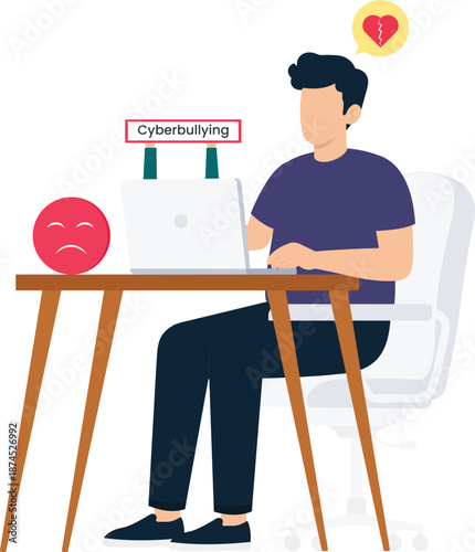 Young man facing online harassment digital abuse social media mental health broken heart sad face internet safety sitting desk laptop computer emotional pain web security personal trauma
