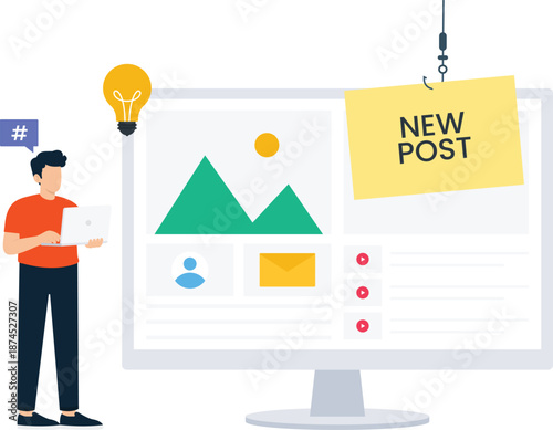 social media, content creation, digital marketing, new post, online strategy, flat design, business communication, website development, idea generation, man working, laptop computer, computer screen, 