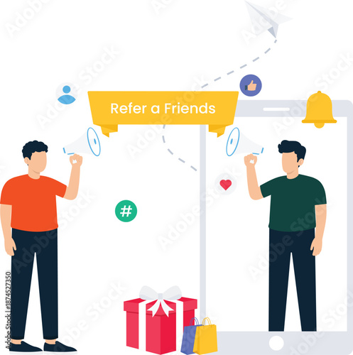 Referral marketing program promotion digital strategy social sharing mobile application technology communication megaphone announcement gift reward two people flat design