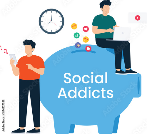Social media digital addiction time wasting concept young men using mobile phone laptop computer flat design piggy bank saving time management online content digital dependency networking lifestyle