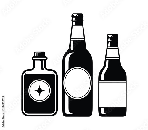 Illustration of various alcohol bottles in silhouette, Black and white, minimalist style, spirits or whiskey bottle, a tall beer bottle, and a shorter, wider beer bottle vector illustration
