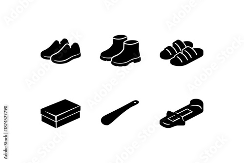 Silhouette icons of shoes, boots, croissants, box, shoe horn, thermometer
