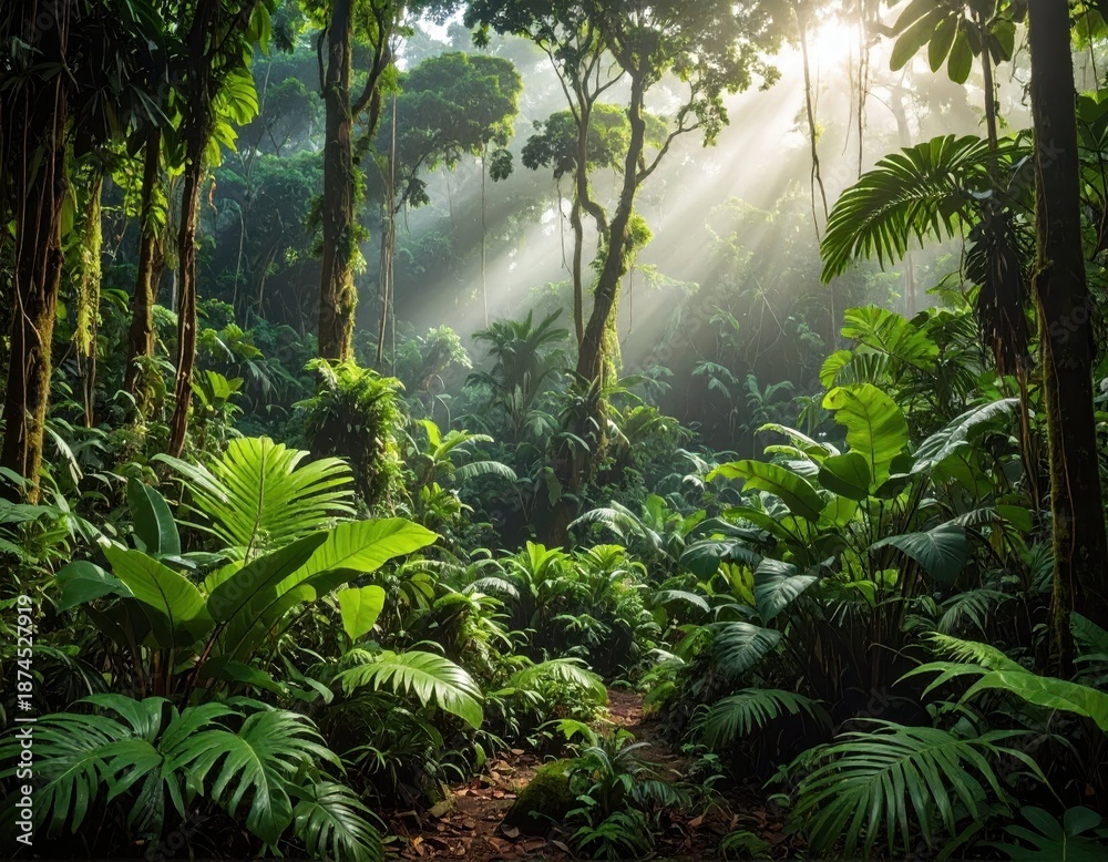 Naklejka premium Lush Tropical Jungle with Sunlight Filtering Through Green Canopy