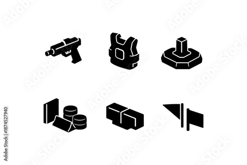 Silhouette icons of tactical gear and construction elements on white background
