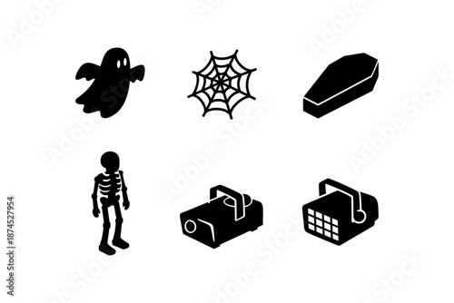 Isometric halloween icons: ghost, coffin, skeleton, and party props
