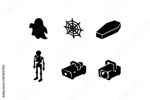 Halloween icons: ghost, spider web, coffin, skeleton, and projectors in black silhouette style