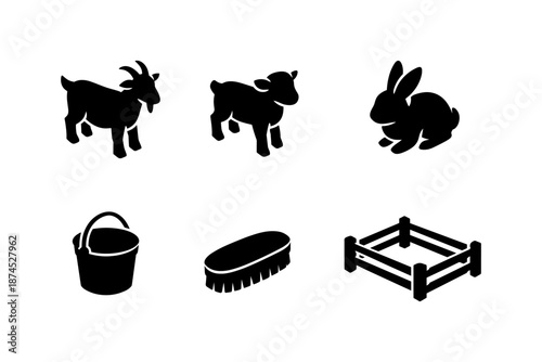 Silhouette farm animals and tools: goat, lamb, rabbit with bucket, brush, fence