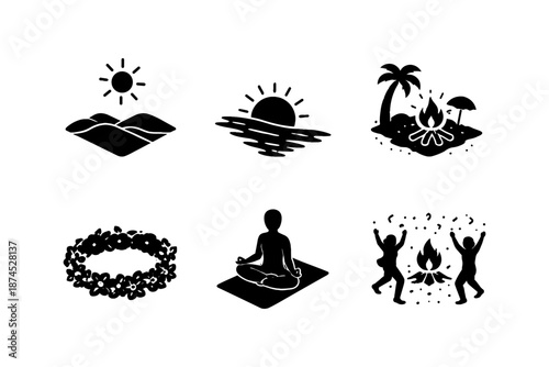 Minimalist black icons of nature, meditation, and campfire activities