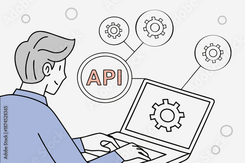 Engineer monitoring and analyzing data flow between web applications, using laptop to integrate system through APIs and data connections.