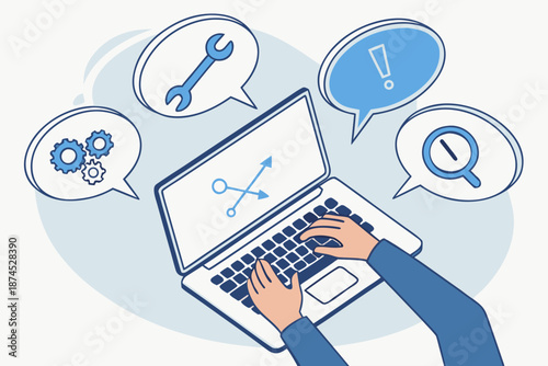 Businessman using laptop for online IT customer support, providing troubleshooting assistance and technical help via remote help desk chat.