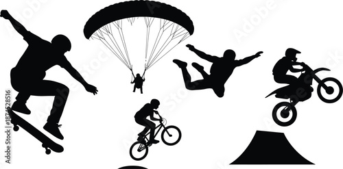 Action packed silhouettes of thrill seekers engaging in extreme sports like skateboarding parachuting and biking