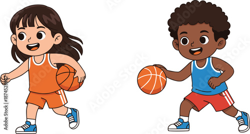 Cute cartoon children playing basketball illustration with smiling boy and girl characters, colorful sports artwork for kids education, teamwork, fitness, and active lifestyle concepts