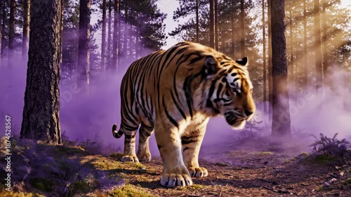 Tiger Walking Through Forest with Purple Smoke.