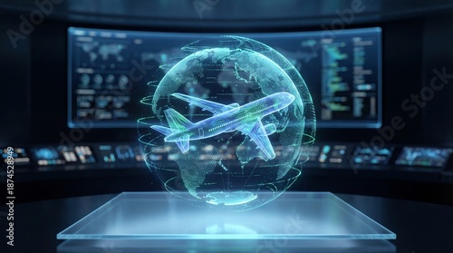 Futuristic Holographic Airplane and Digital Globe on High Tech Interface