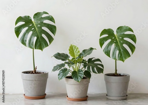 Monstera plants potted in concrete with healthy green growth natural light view