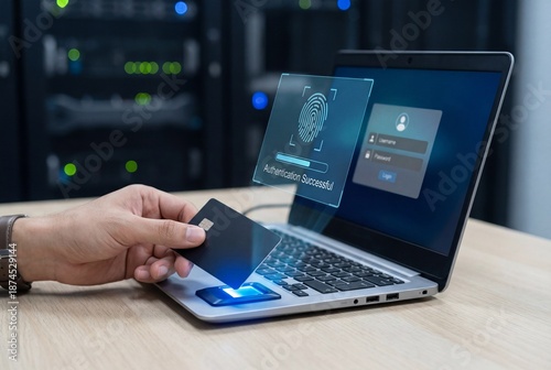 Man holding a smart card over a biometric reader next to a laptop in a server room