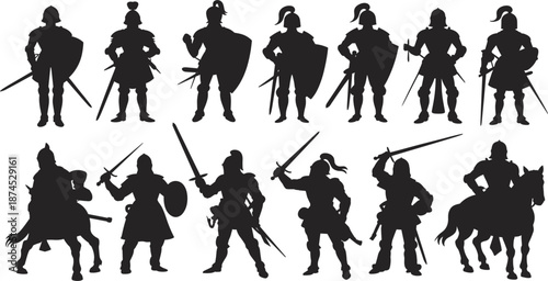 Medieval knight silhouette set with armored warriors holding swords and shields, historical middle ages vector illustration