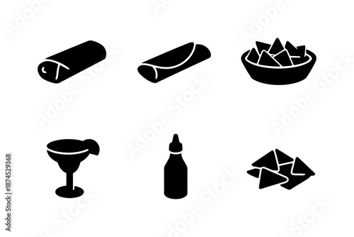 Mexican food icons set featuring burritos, tortilla chips, salsa, and more