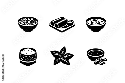 Black and white food icons: asian cuisine silhouettes featuring noodles, spring rolls, and more
