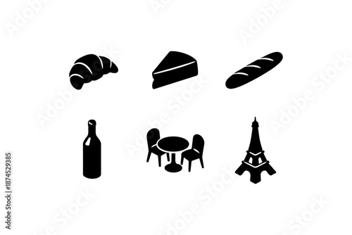 Icon set of french cuisine and paris landmarks in simple black silhouette style
