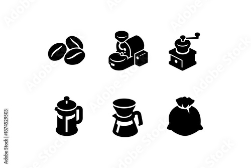 Coffee equipment essentials: icons of beans, grinder, and brewing tools in minimalist style