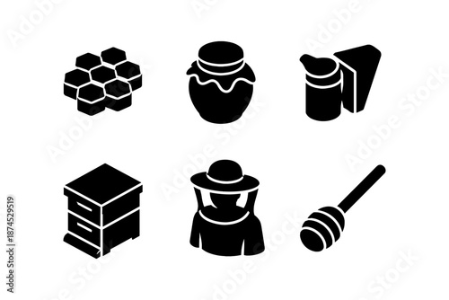Silhouette icons of beekeeping elements: honey, beehive, and tools