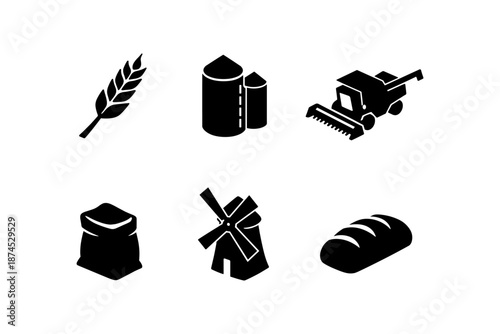 Simple icons of agriculture: wheat, silo, harvester, sack, windmill, bread