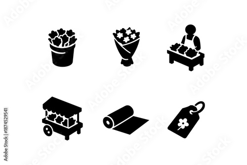 Black and white flower icons: bouquet, display, market, roll, tag in silhouette style