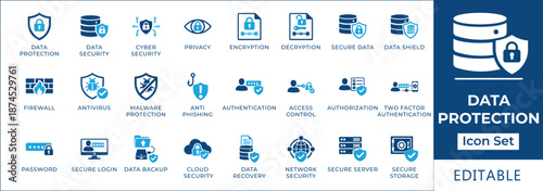 Data protection and cybersecurity icon set featuring encryption, secure data backup, privacy shield, firewall, antivirus, two-factor authentication, and network security symbols.
