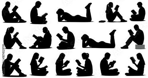 Fotografie Reading Silhouette Set – 15 Black Profiles of People in Varied Reading Poses