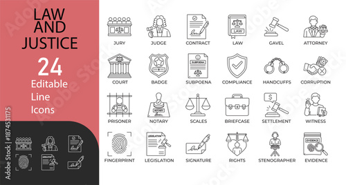 Law and Justice Line Icon set. Contains symbols for Legal Contract, Judge, Court, and Civil Rights. Line vector design for corporate presentations and workflow.