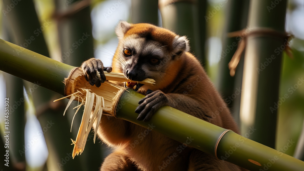 Naklejka premium Brown Lemur Eating Bamboo Stalk with Both Hands in a Forest Setting monkey primate