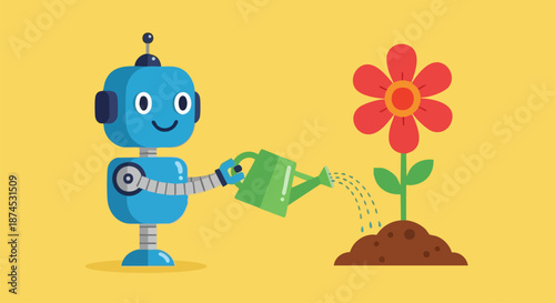 Friendly blue robot carefully watering a bright red flower growing from brown soil with a green can on white background