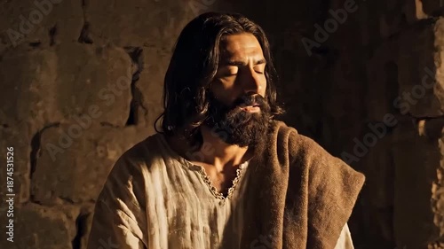 Biblical man resembling Jesus sitting in a dark stone room. Ancient prophet or disciple praying and thinking in a dungeon cell. Religious concept of faith and solitude