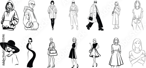 Collection of 12 black and white fashion illustrations of people