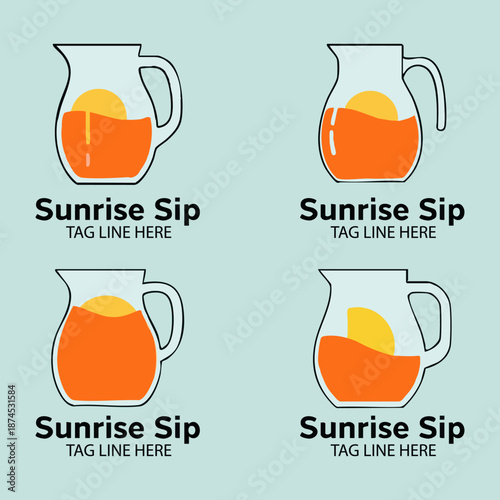 Four variations of a stylized orange juice pitcher logo design featuring a rising sun graphic on light blue background on white background
