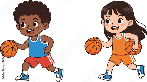 Cute cartoon kids playing basketball, happy boy and girl dribbling ball, children sports illustration for education, fitness, teamwork, and active lifestyle concepts